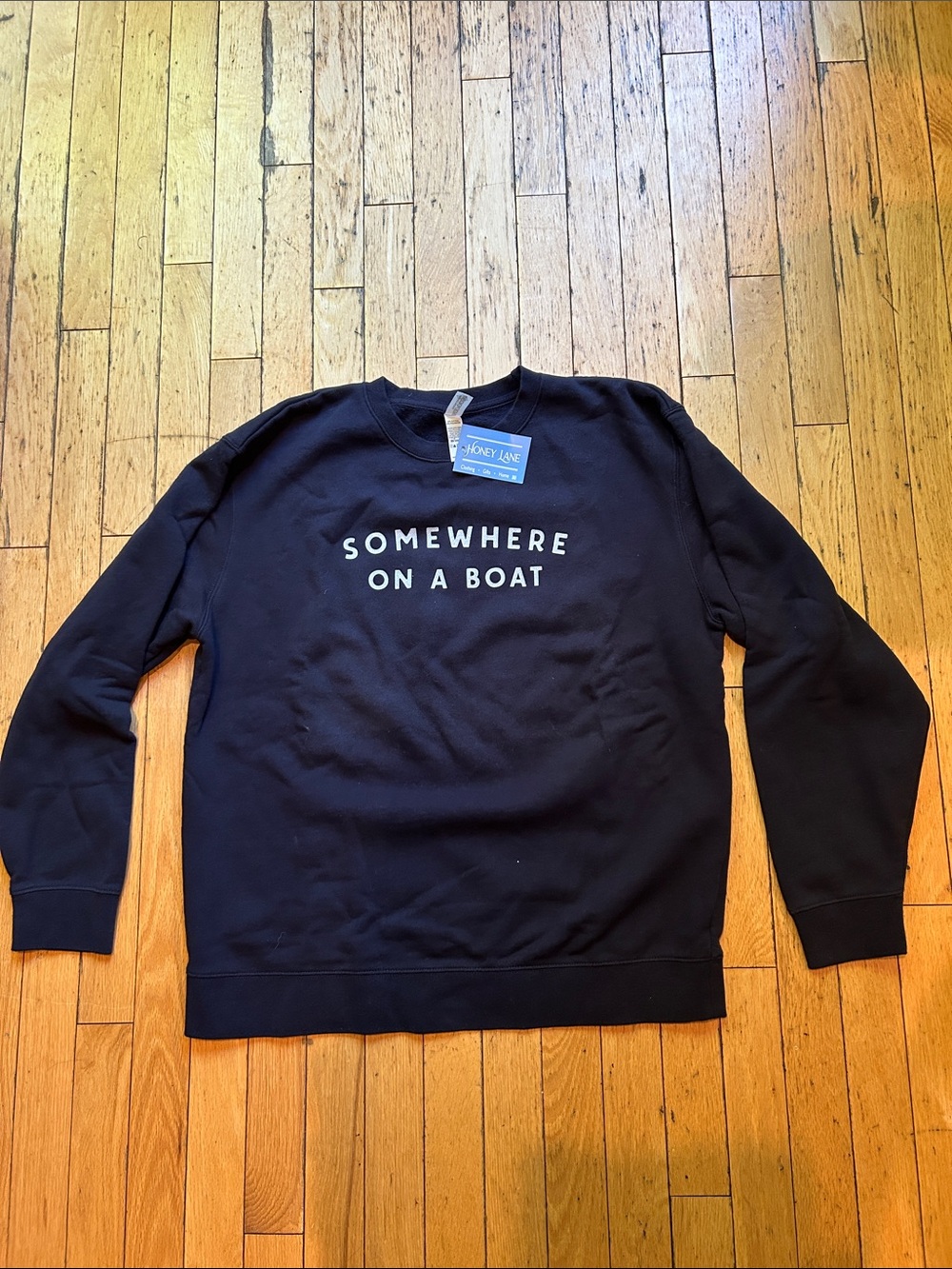 Honey Lane Navy Crewneck Sweatshirt — 'Somewhere On A Boat'